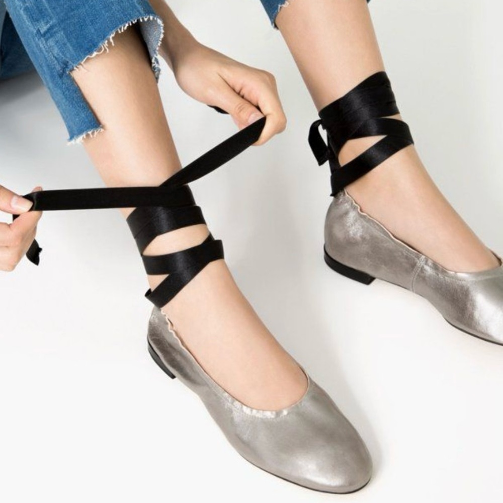 Zara Silver  Leather Lace up Ballerina Flats